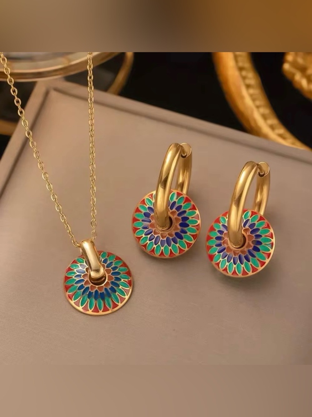 Hand Painted Pendant Necklace & Earrings Set 18K Gold Filled